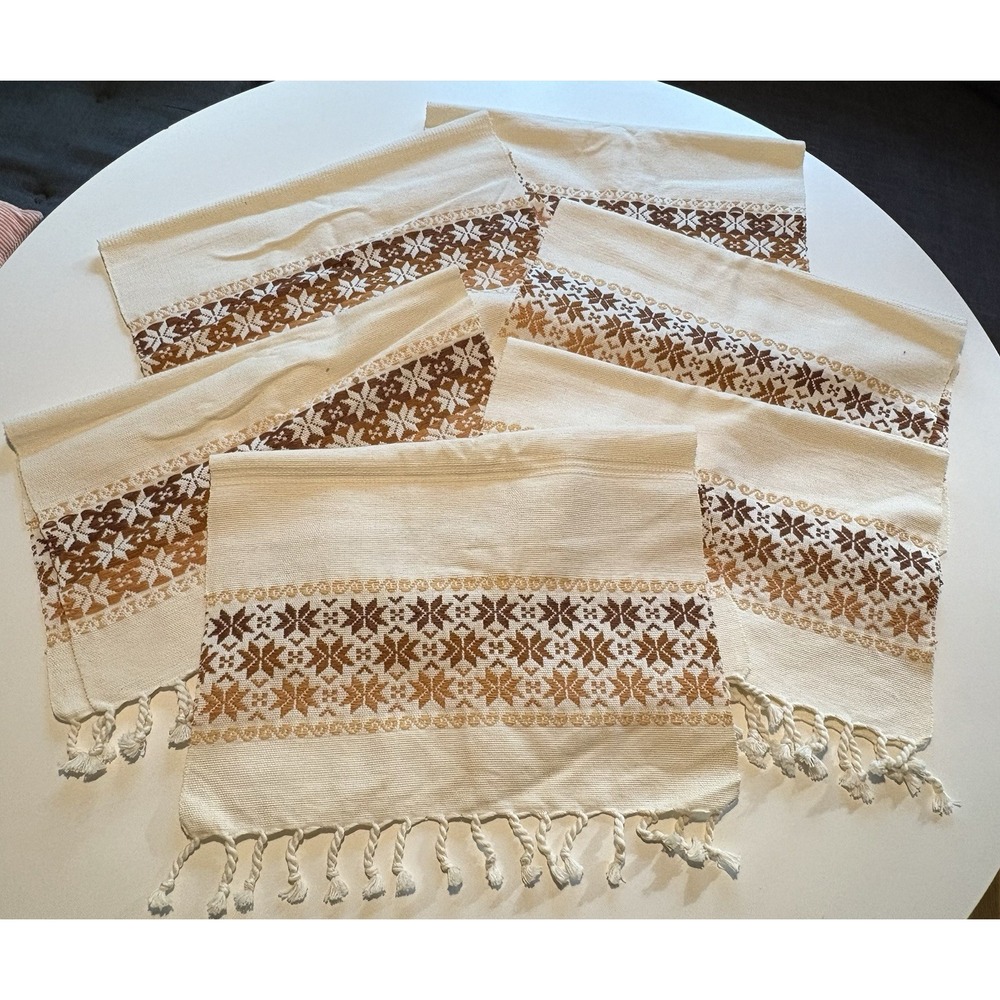 Set of 6 Vintage Woven Placemats – Reversible Brown & Tan with Fringe 22" x 14''